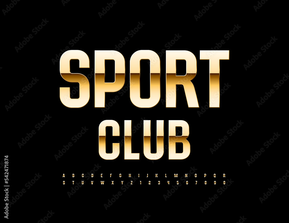 Vector metallic emblem Sport Club. Elegant golden Font. Artistic Alphabet Letters and Numbers set