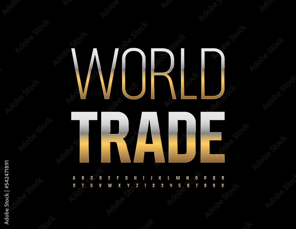 Vector chic emblem World Trade. Elite Golden Font. Artistic Alphabet Letters and Numbers set
