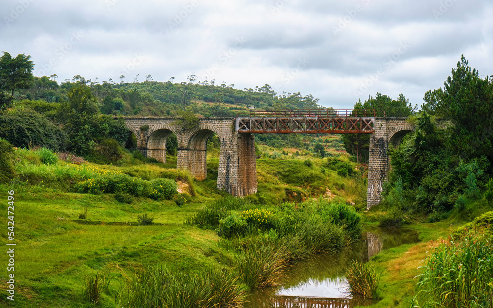 Fototapeta premium Small railway bridge over small river near Manjakandriana, Madagascar, green grass and trees around. There is only small number of railroads on whole island