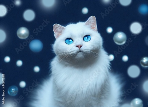 Luxury Snow Cat Blue eyes Christmas Tree Ornament 3D rendered Computer generated image with a snowy winter scene new for Winter 2023. Blue Christmas background