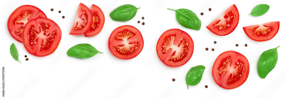 Tomato slices with basil and peppercorns isolated on white background. Clipping path. Top view with copy space for your text. Flat lay Tomato slices with basil and peppercorns isolated on white background. Clipping path. Top view with copy space for your text. Flat lay