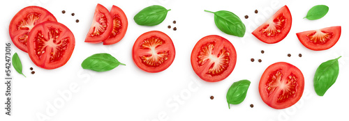 Tomato slices with basil and peppercorns isolated on white background. Clipping path. Top view with copy space for your text. Flat lay