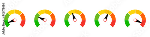 Speedometer rating vector illustration. Collection of colorful tachometer sign with arrow. Customers indicators of satisfaction.