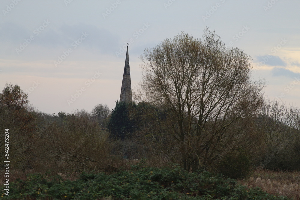 A beautiful landscape image at a nature reserve during Autumn and Fall season. A bare tree can be seen next to the tower of an old church. A beautiful landscape image at a nature reserve during Autumn and Fall season. A bare tree can be seen next to the tower of an old church.