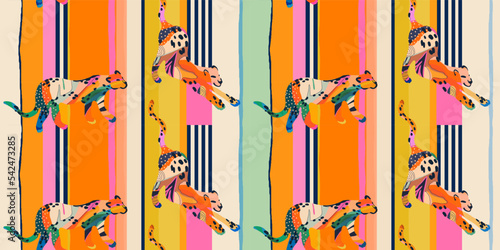 Modern abstract striped print with artistic leopards. Contemporary seamless pattern. Fashionable template for design. Bright cartoon style.