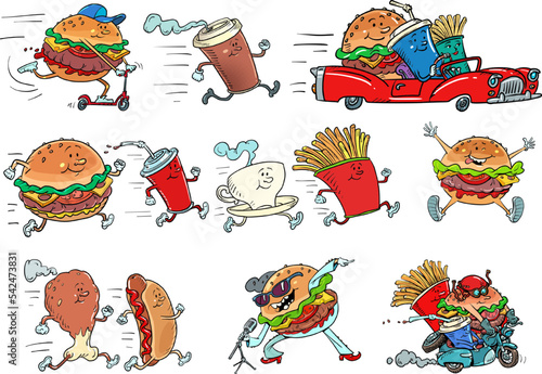 Set collection of fast food products street or road restaurant. Burger fries drink cola chicken leg hot dog coffee cup