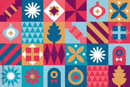 Christmas icons elements with geometric seamless vector pattern for wrapping paper, background, wallpaper. Holiday season, modern, contemporary abstract design.