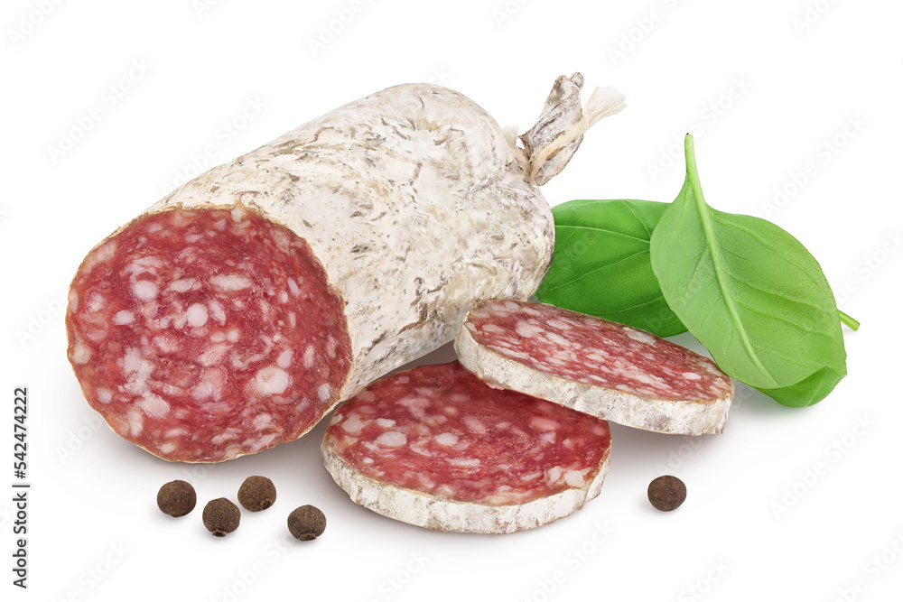 Cured salami sausage isolated on white background. Italian cuisine with full depth of field Cured salami sausage isolated on white background. Italian cuisine with full depth of field