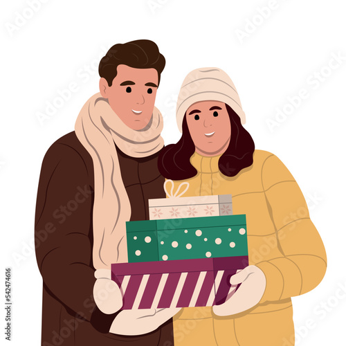 Happy couple with shopping. Men and women prepare to celebrate Christmas. Flat graphic vector illustration isolated on white background