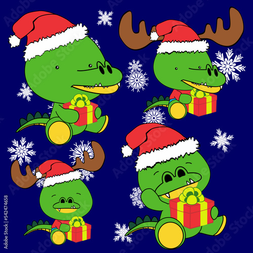 xmas cute baby chibi crocodile character cartoon illustration, vector format