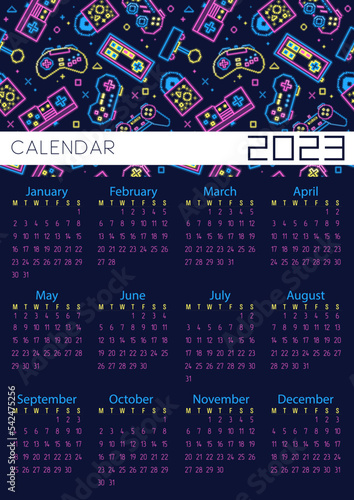 Vector. Calendar 2023. Retro gamepads, neon, pixel art.