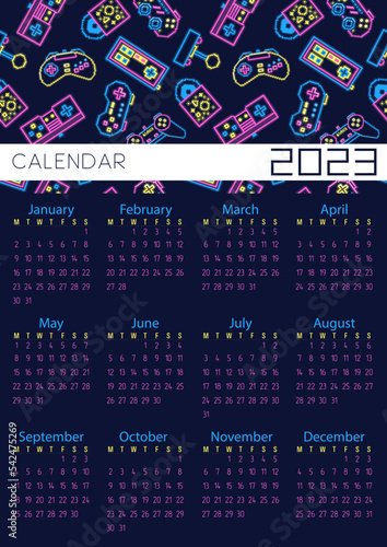 Vector. Calendar 2023. Retro gamepads, neon, pixel art.
