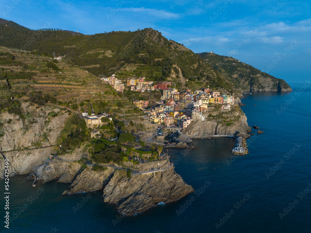 Manarola Town at sunset from aerial view in Cinque Terre