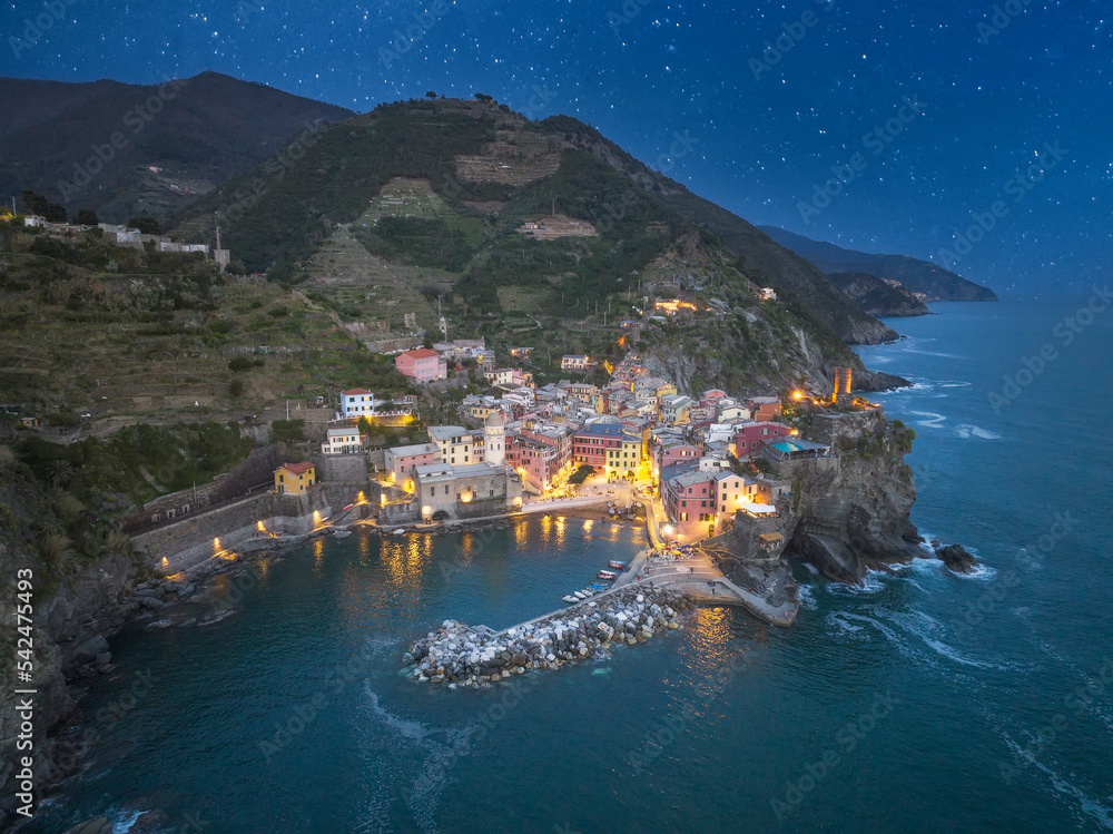 Vernazza Town at night from aerial view