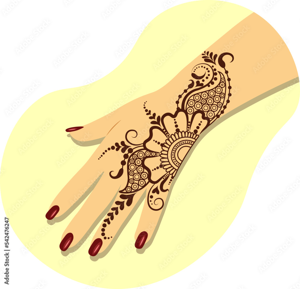 Indian style mehendi painting for wedding on woman hand with red nail