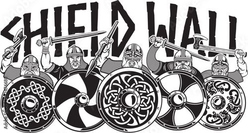 Vector illustration of Medieval viking warriors shield wall formation