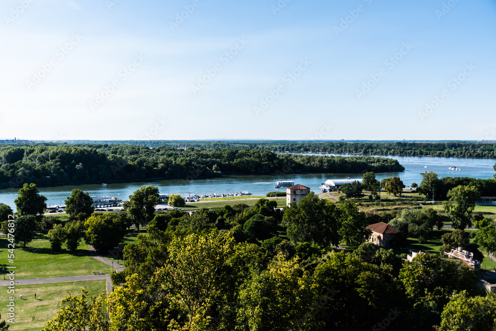 Landscape seen from Belgrade Fortress, Kalemegdan Park with Danube and Sava rivers, Belgrade, Serbia.