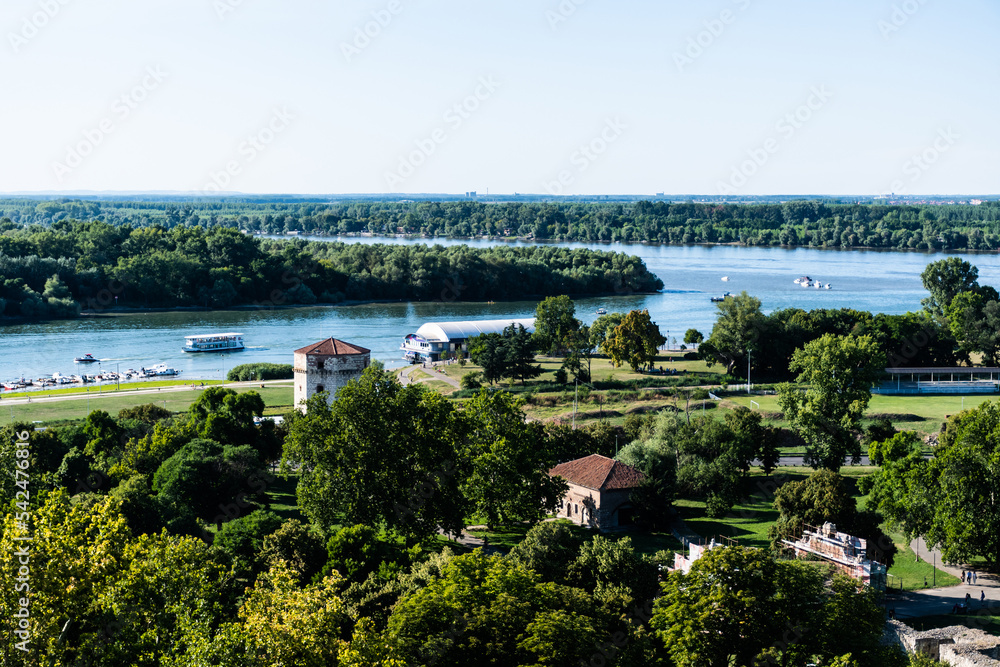 Landscape seen from Belgrade Fortress, Kalemegdan Park with Danube and Sava rivers, Belgrade, Serbia.
