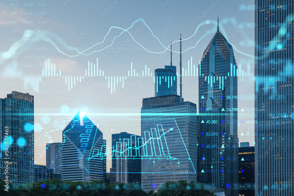 Chicago skyline from Butler Field to financial district skyscrapers at sunset, Illinois, USA. Parks, gardens. Forex graph hologram. The concept of internet trading, brokerage and fundamental analysis Chicago skyline from Butler Field to financial district skyscrapers at sunset, Illinois, USA. Parks, gardens. Forex graph hologram. The concept of internet trading, brokerage and fundamental analysis