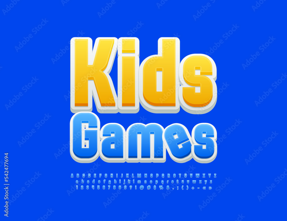 Vector playful emblem Kids Games. Cute Blue Font. Modern Alphabet Letters, Numbers and Symbols set