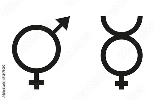 Conjunto de icono género masculino y femenino en color negro sobre un fondo blanco liso y aislado. Vista de frente y de cerca. Copy space. Hombre y mujer. Concepto de identificación. 