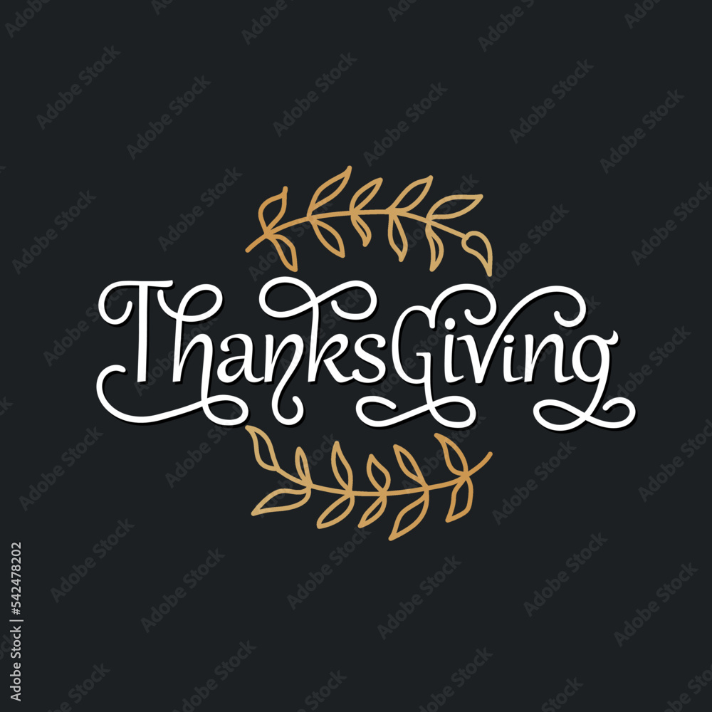 Happy Thanksgiving handwritten text on black background. Modern brush ink calligraphy. Vector colorful illustration, hand lettering typography. Greeting holiday design for print, card, banner, poster