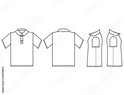 Blank white short sleeve polo shirt.Front, back and side view.Sport uniform.T-shirt with collar.Clothes for men or women.Mock up template.Vector illustration for design.Sign, symbol, icon or logo.