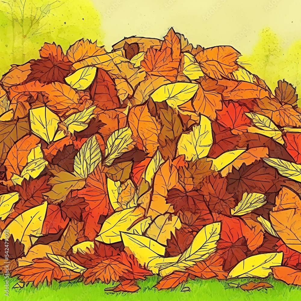 top and side view of piles of autumn maple leaves. rendering illustrator, painting style.