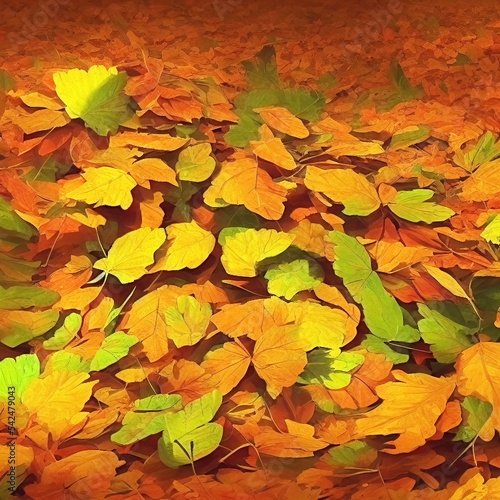 top and side view of piles of autumn maple leaves. rendering illustrator, painting style.
