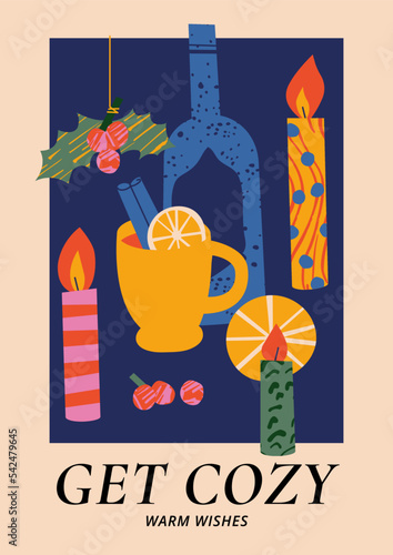 Vector Christmas greetings art poster with different traditional decoration in contemporary modern trendy style. Mulled wine.