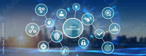 Video marketing and advertising concept on screen. Business, Technology, Internet and network concept. 3d illustration