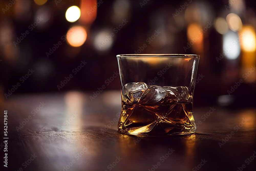glass of scotch whiskey with ice cubes on a rustic wooden table, copy space in blurred background glass of scotch whiskey with ice cubes on a rustic wooden table, copy space in blurred background
