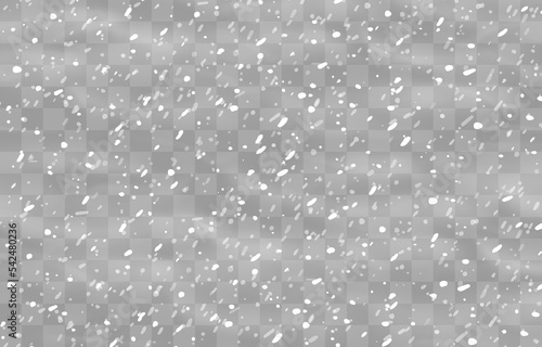 Christmas snow. Falling snowflakes on png background. Vector heavy snowfall. White snowflakes flying in the air. Snow flakes, snow and blizzard. Vector illustration isolated on transparent.