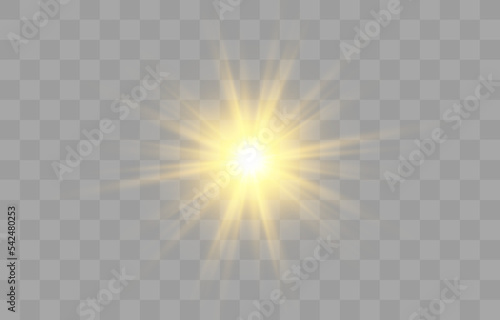 Glow light effect  Bright sun. Vector transparent sunlight  special flash light effect. Sun or spotlight beams. Bright flash. Light PNG. Decor element isolated on transparent background.