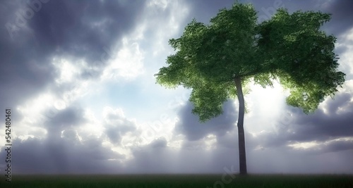 grass field landscape in cloudy sky with fair weather. rendering illustration, octane, blender, nature, sun light.