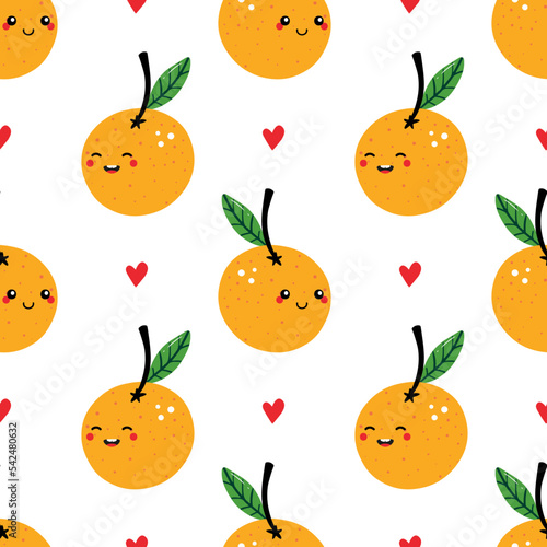 Cute smiling orange fruit characters and red hearts vector seamless pattern background.

