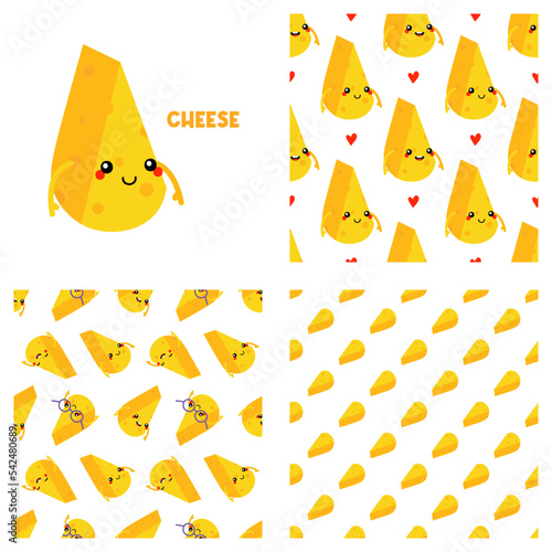 Cute cartoon style cheese character and set, collection of three cheese chunks vector seamless pattern backgrounds. 