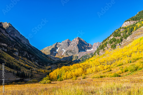 Aspen  Colorado Maroon Bells rocky mountains in October fall autumn season with yellow golden trees foliage and clear blue sky in morning sunrise with nobody