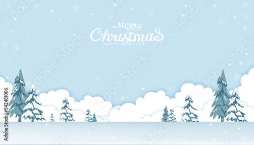 Merry Christmas and Happy New Year greeting card,Vector illustration paper cut Winter scene landscape with pine tree, snowflakes, white cloud scape and snowy on blue sky background.