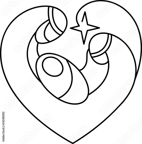 Christmas Vector Christian icon religious Nativity Scene of baby Jesus with Mary Joseph and star in form of heart. Continuous art line drawing, print for clothes and logo design, emblem one single