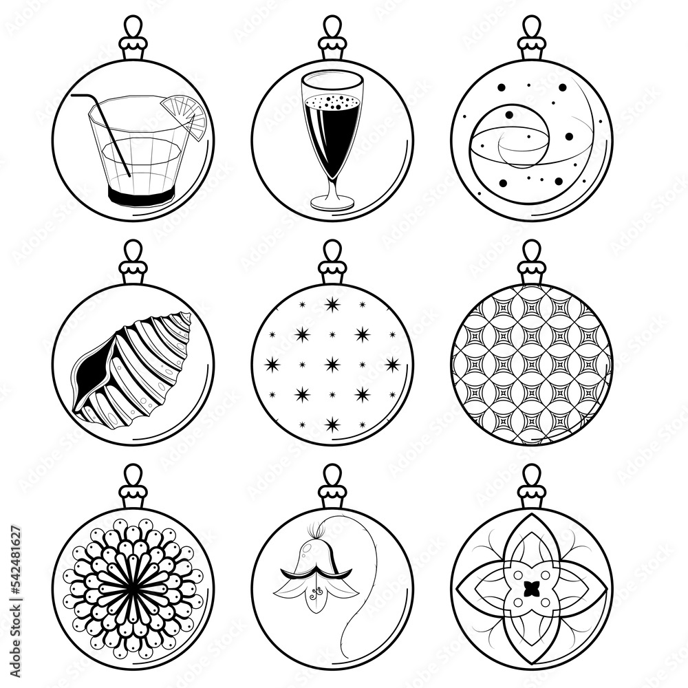 Set Black Doodle Outline Simple Line Abstract Collection Christmas Xmas Balls Holiday Decorations Happy New Year Background Vector Design Style Set Black Doodle Outline Simple Line Abstract Collection Christmas Xmas Balls Holiday Decorations Happy New Year Background Vector Design Style