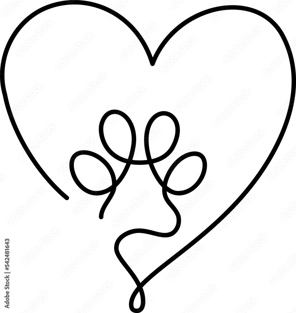 Heart with cat or dog paw in continuous one line drawing logo. Minimal ...