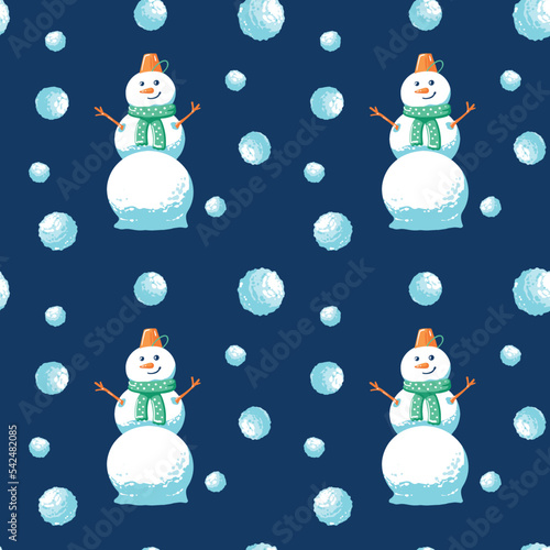 Winter seamless pattern with snowman and snowballs