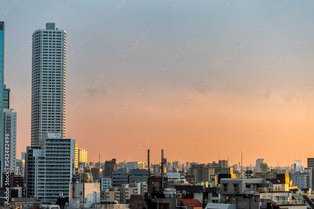 Toshima at Tokyo, Japan cityscape skyline at orange yellow golden sunset with view of Mount Fuji and sunlight with apartment buildings residential towers