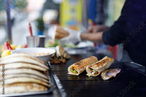 Best Street Food in Istanbul. Preparing the famous Balik Ekmek or Fish Sandwich