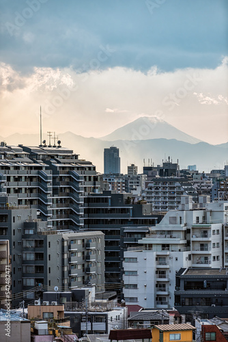 Vertical view of Shinjuku at Tokyo  Japan cityscape skyline at sunset with view of Mount Fuji and golden sunlight with apartment buildings and mountains