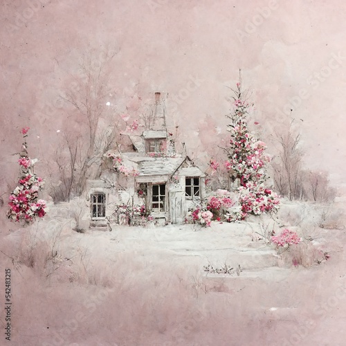 Pink Christmas village with Snow in vintage style. Winter Village Landscape. Christmas Holidays. Christmas Card. 3d illustration