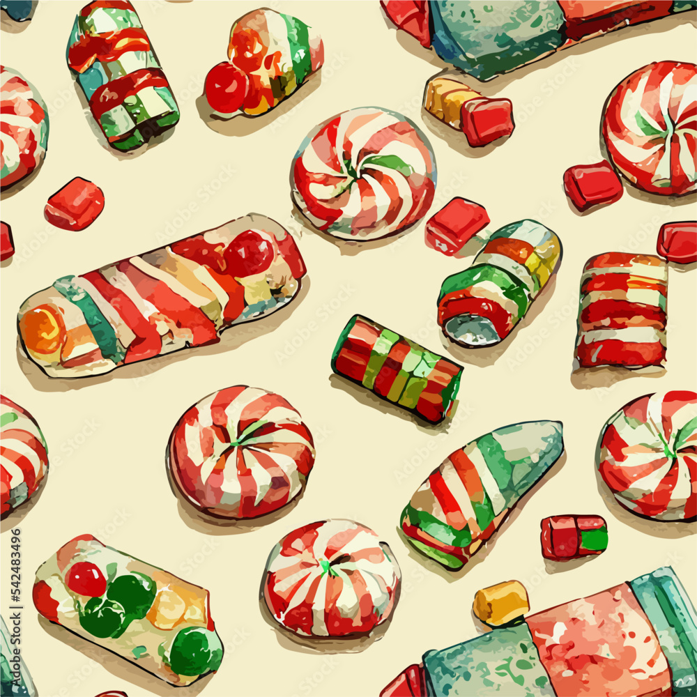 Seamless christmas decoration sweets, watercolor candies endless pattern. New-year holidays