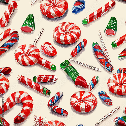 Seamless christmas decoration sweets, watercolor candies endless pattern. Multicolor