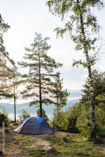 Tourist parking, a tent stands in a clearing in the mountains, forest camping, an awning stretched on top of the tent, trekking in the mountains alone.